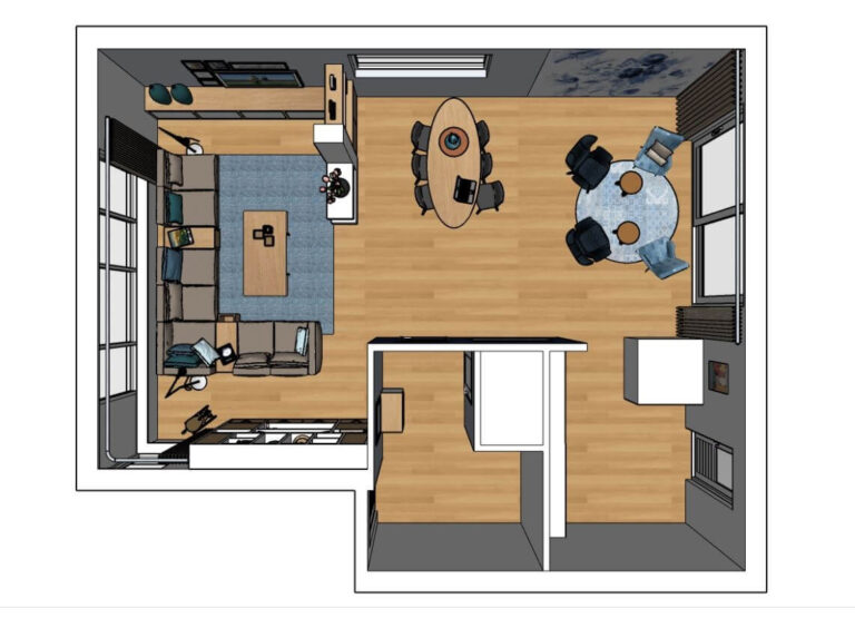 3D bovenaanzicht interieurontwerp woonkamer Lage Zwaluwe - Brabant | Huis & Interieur