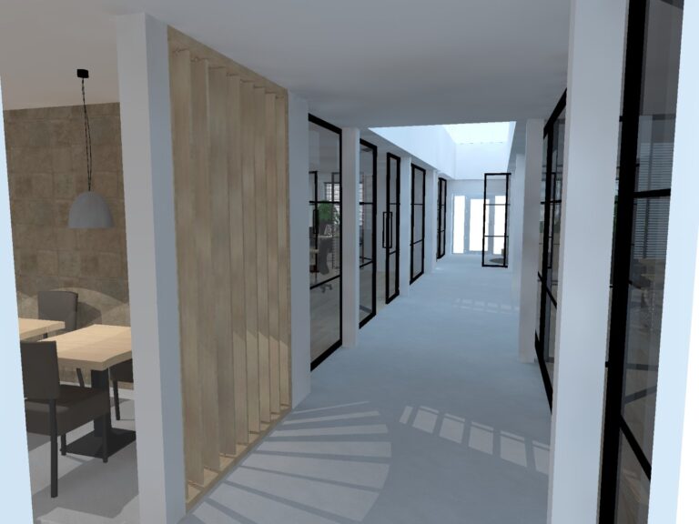 3D Interieurontwerp in industriële stijl - gang en kantine kantoorpand Moerdijk - Brabant | Huis & Interieur
