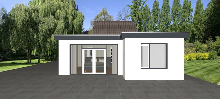 3D achteraanzicht nieuwe aanbouw levensloopbestendige woning in Hoeven - Brabant | Huis & Interieur