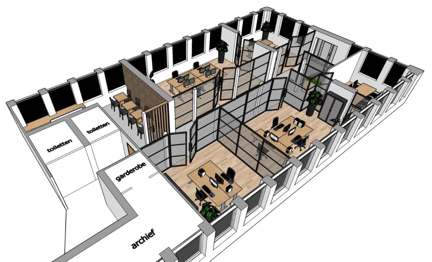 3D bovenaanzicht interieurontwerp en indeling kantoor Moerdijk - Brabant | Huis & Interieur