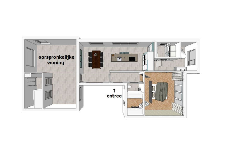 3D bovenaanzicht keukenontwerp met verbouwingsontwerp voor een geheel nieuwe aanbouw in Hoeven - Brabant | Huis & Interieur