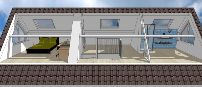 3D verbouwingsontwerp zolder met slaapkamer en doucheruimte in Sint Oedenrode - Brabant | Huis & Interieur