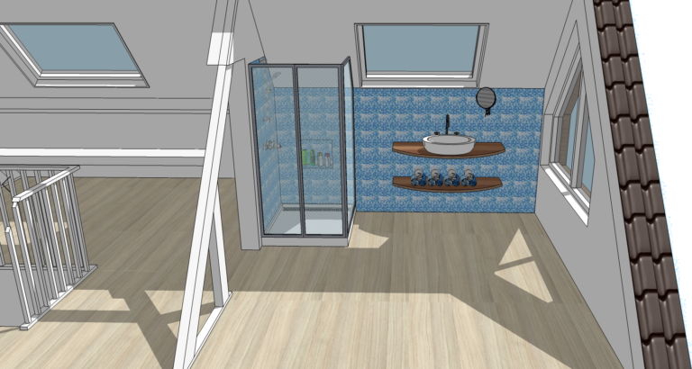 3D verbouwingsontwerp douche- en wasgelegenheid zolder Sint Oedenrode - Brabant | Huis & Interieur