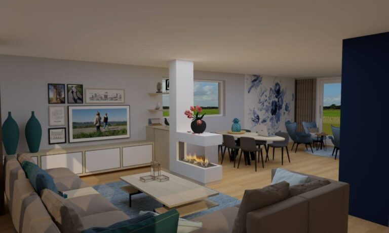 3D interieurontwerp woonkamer met modulaire bank bij de haard en Samsung frame-tv haard. Het tv-meubel en de roomdivider zijn op maat gemaakt - Lage Zwaluwe - Brabant | Huis & Interieur