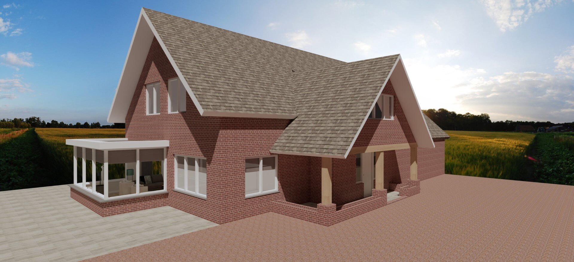 3D buitenaanzicht serre_na verbouwing_door Huis & Interieur 3D impressie landhuis/villa Helmond na verbouwing