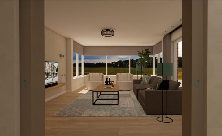 3D impressie verbouwingsontwerp en interieurontwerp woonkamer landhuis/villa Helmond