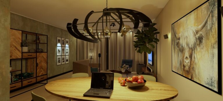 3D impressie interieurontwerp woonkamer Terheijden - industriële interieurstijl - door Huis & Interieur