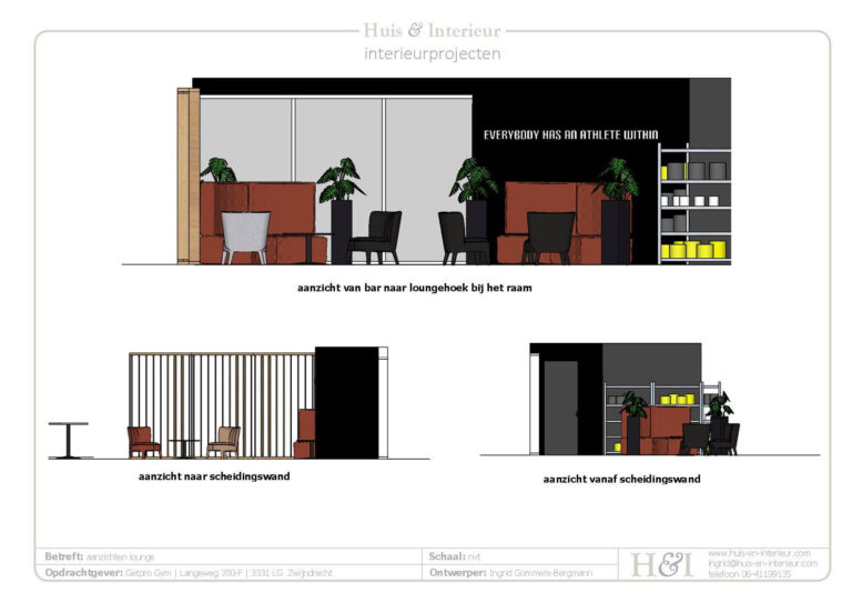 Aanzichten interieurontwerp loungeruimte sportschool Getpro Gym in Zwijndrecht