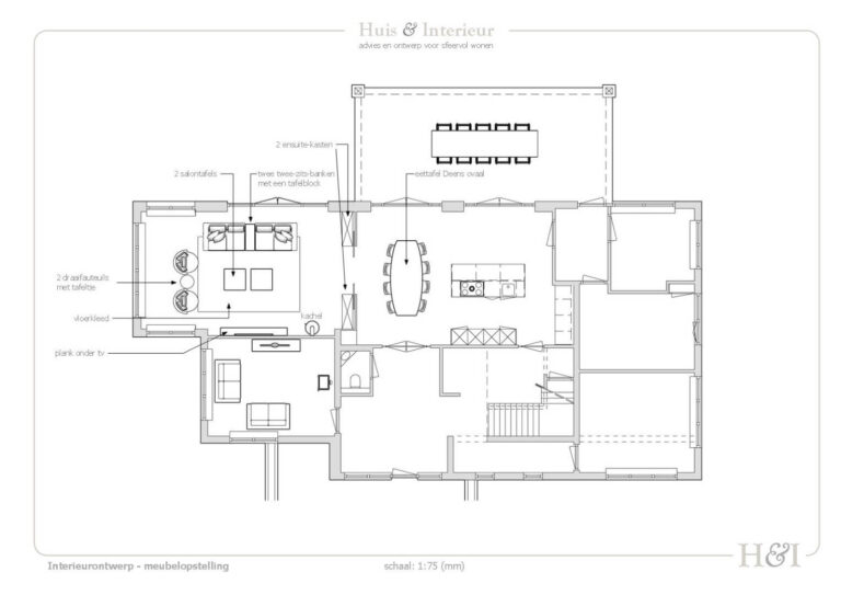 2D interieurontwerp woonkamer en keuken landhuis/villa Helmond