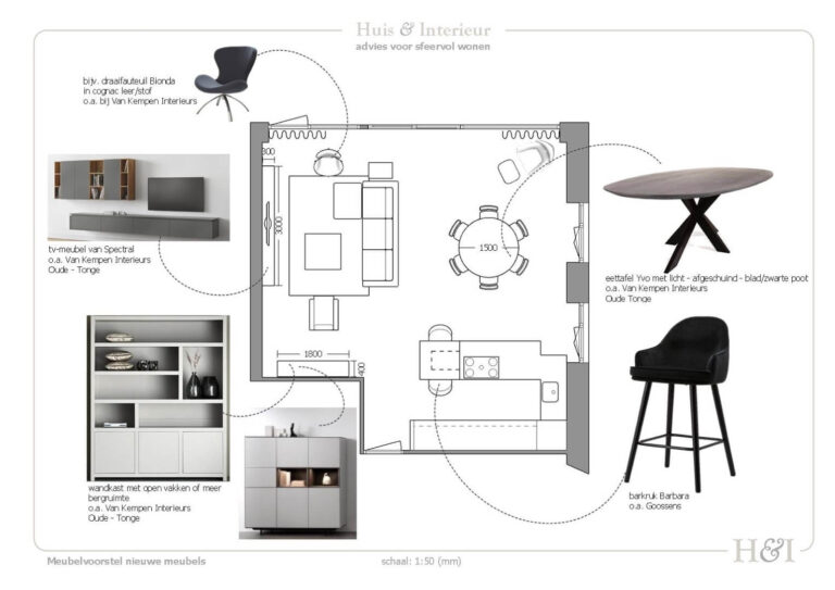 Meubelvoorstel bij interieurontwerp nieuwbouw appartement Numansdorp