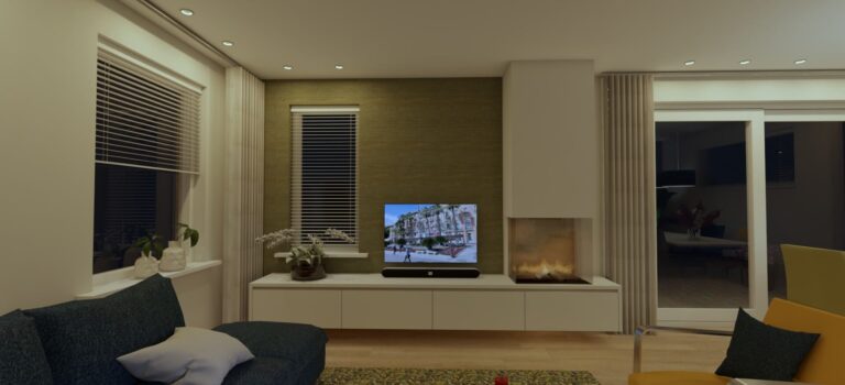 3D interieurontwerp woonkamer met tv-meubel met geïntegreerde haard - Huis & Interieur