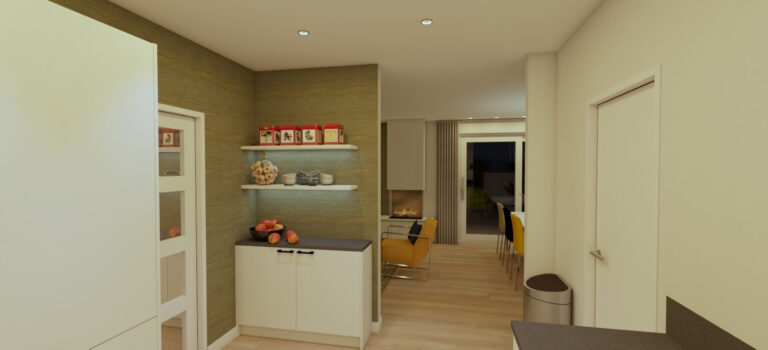 3D keukenontwerp met doorkijk naar woonkamer - door Huis & Interieur