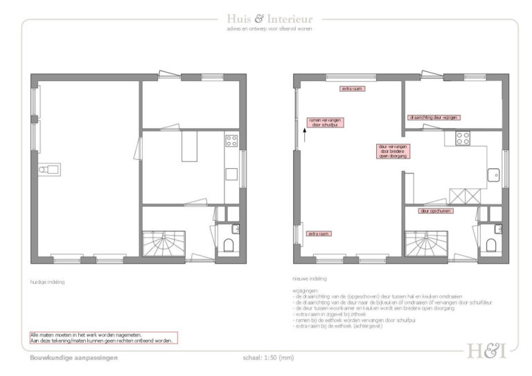 2D_plattegrond_verbouwingsontwerp_met oude en nieuwe indeling woonkamer en keuken - door Huis & Interieur