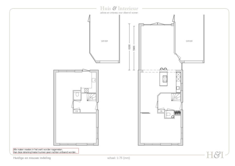 Plattegrond (2D) verbouwingsontwerp huidige indeling en nieuwe indeling - Ontwerp door Huis & Interieur