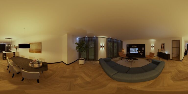 360 graden gerenderde 3D-afbeelding van het keuken- en interieurontwerp voor een herenhuis in Rijswijk - door Huis & Interieur