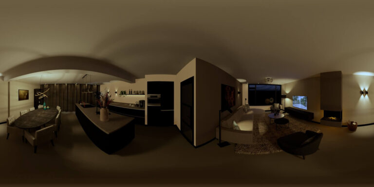 360 graden gerenderde 3D-afbeelding van het keuken- en interieurontwerp voor een rijwoning in Etten-Leur - door Huis & Interieur