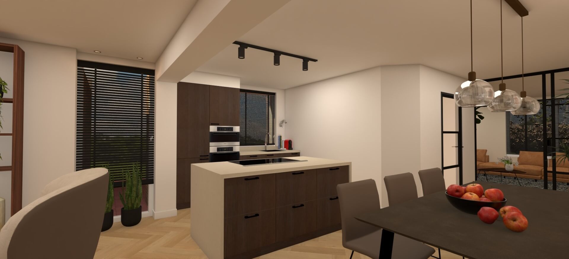 3D impressie verbouwingsontwerp, keukenontwerp en interieurontwerp 2-onder-1-kap Hoeven - door Huis & Interieur